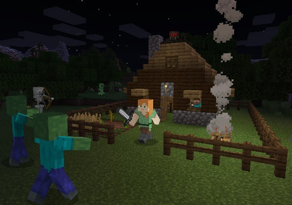 A player defending a wooden shelter from approaching zombies during nighttime survival.